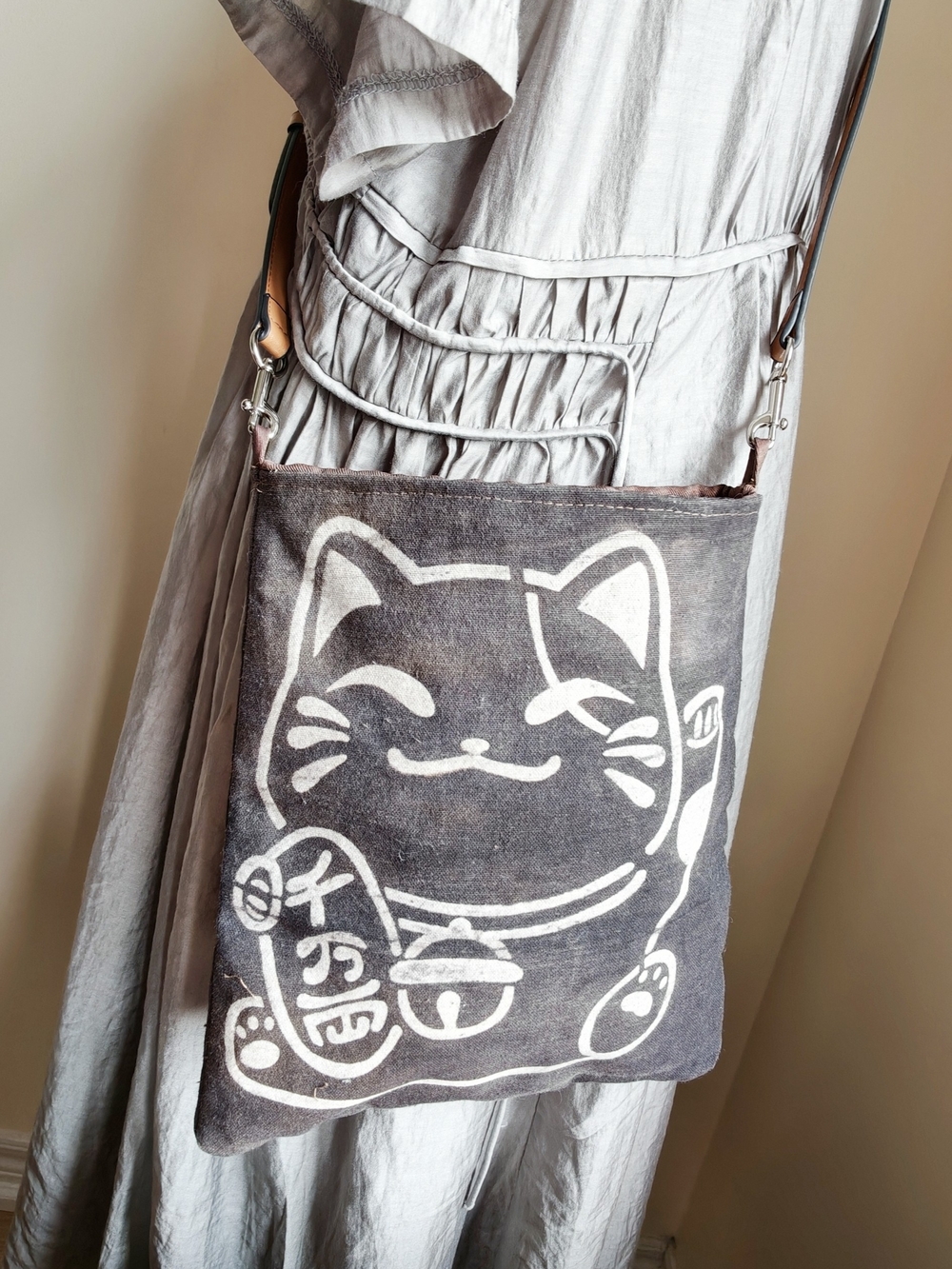 Canvas Lucky Cat Crossbody Bag in Dark Brown - Picture 2 of 9